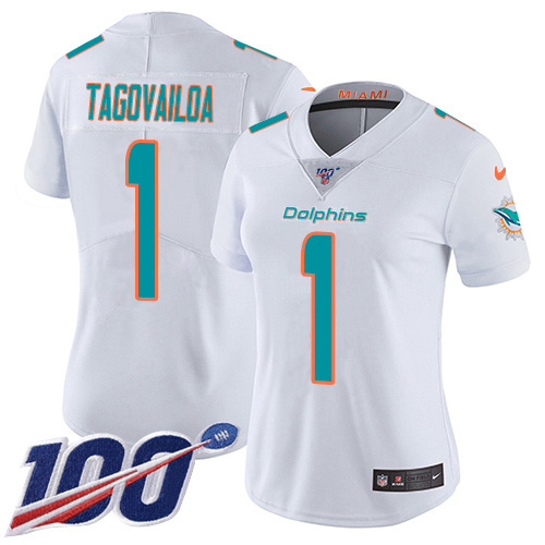 Nike Miami Dolphins #1 Tua Tagovailoa White Women Stitched NFL 100th Season Vapor Untouchable Limited Jersey->women nfl jersey->Women Jersey